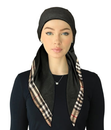 Cherie SPC318A-BLK Black Burberry Border Adjustable Closed Back Pre-Tied Bandanna Myselflingerie.com